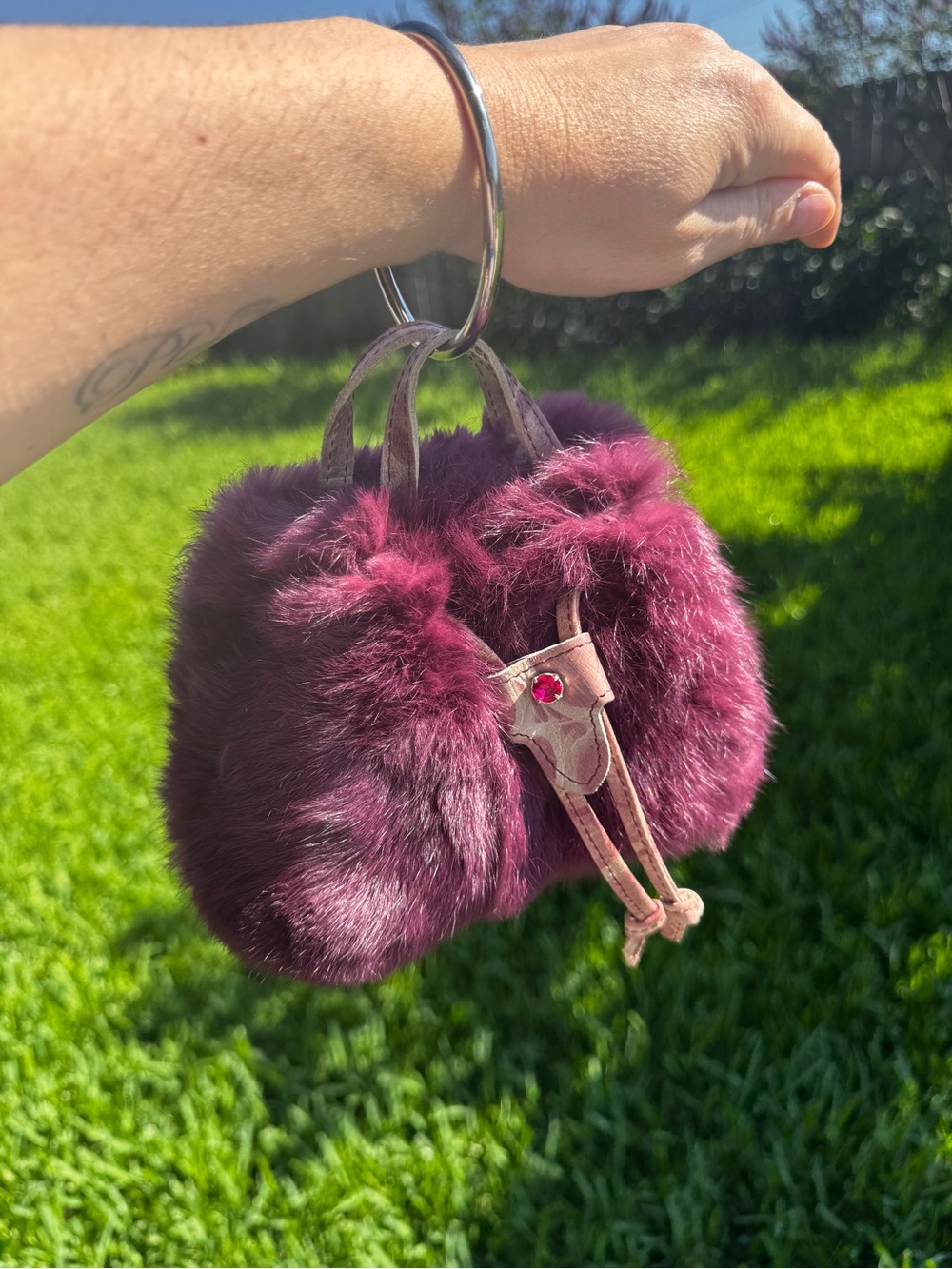 Caterina Lucchi Fur Mini Handbag Made In Italy Burgundy Ring Handle Y2K - Picture 4 of 15